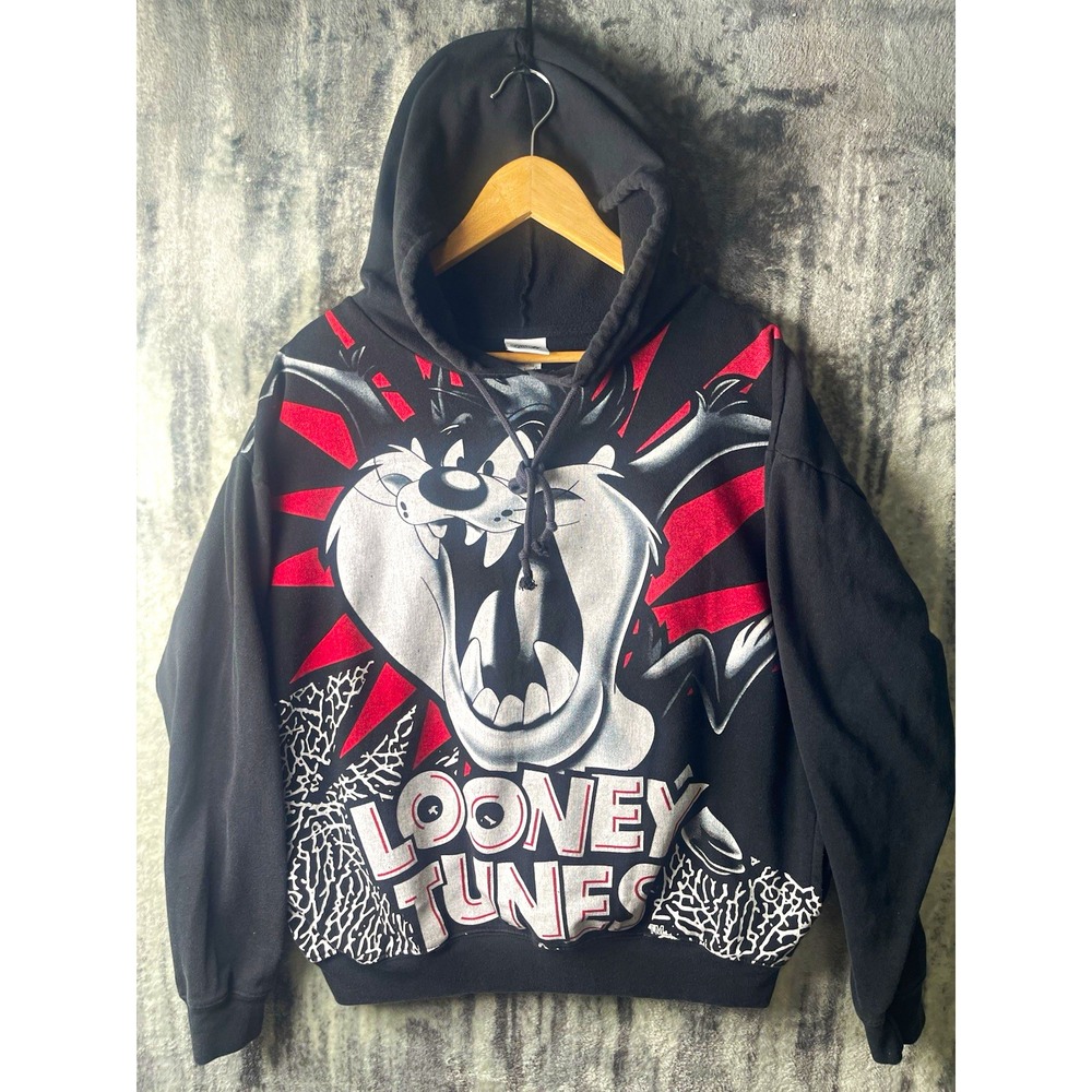 Looney Tunes Tasmanian Devil Taz Men's L Black Pullover Fleece Hoodie Pockets